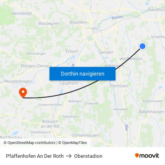 Pfaffenhofen An Der Roth to Oberstadion map