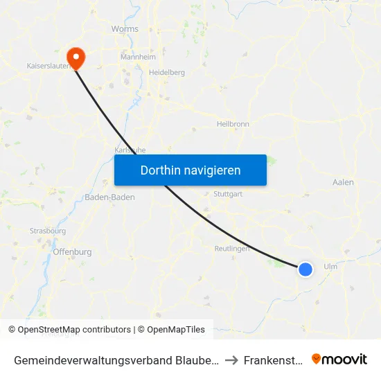 Gemeindeverwaltungsverband Blaubeuren to Frankenstein map