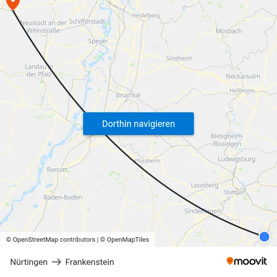 Nürtingen to Frankenstein map