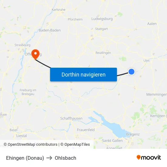 Ehingen (Donau) to Ohlsbach map
