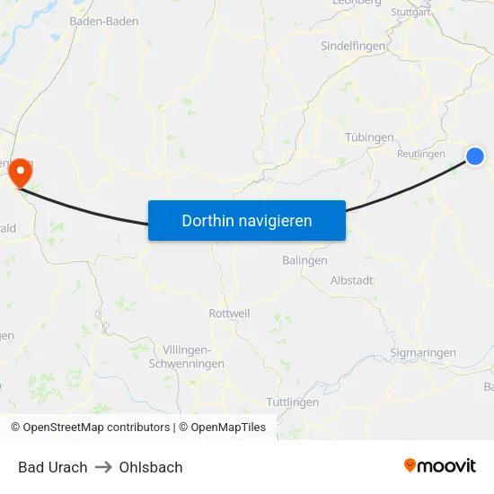 Bad Urach to Ohlsbach map