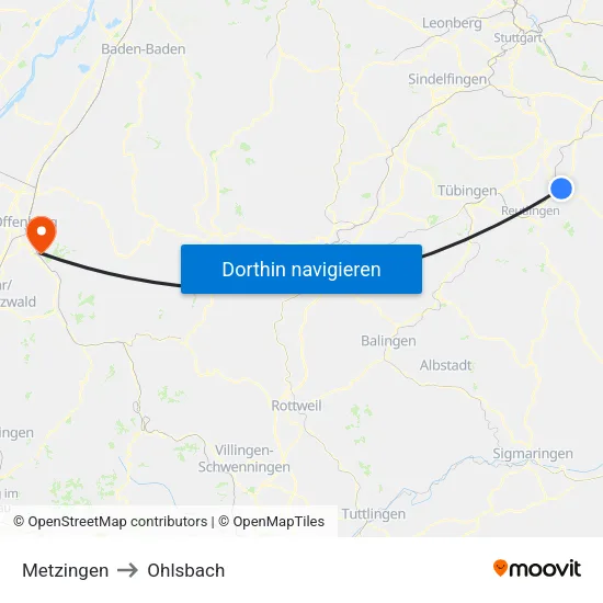 Metzingen to Ohlsbach map