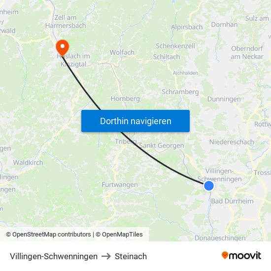 Villingen-Schwenningen to Steinach map
