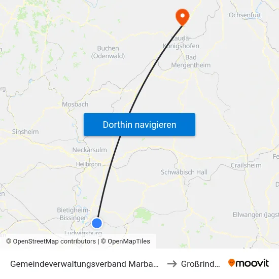 Gemeindeverwaltungsverband Marbach am Neckar to Großrinderfeld map
