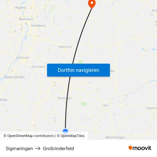 Sigmaringen to Großrinderfeld map