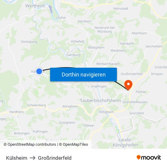 Külsheim to Großrinderfeld map