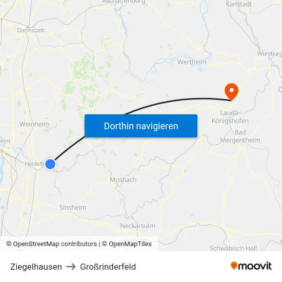 Ziegelhausen to Großrinderfeld map