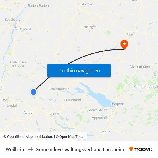 Weilheim to Gemeindeverwaltungsverband Laupheim map