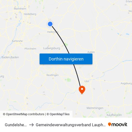 Gundelsheim to Gemeindeverwaltungsverband Laupheim map