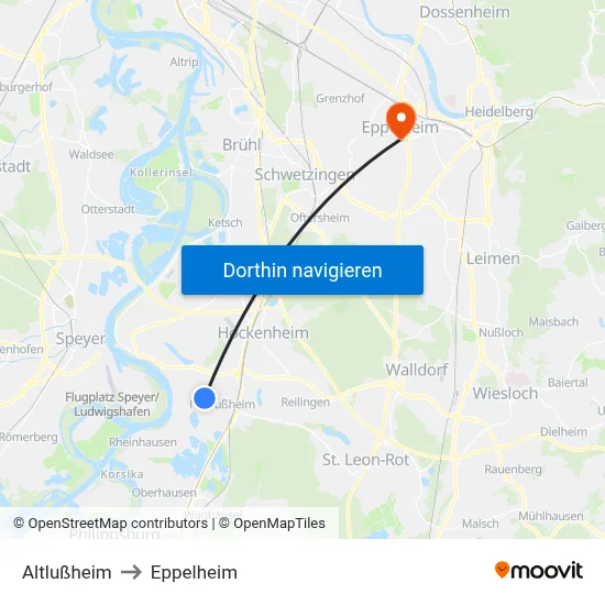 Altlußheim to Eppelheim map