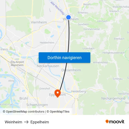 Weinheim to Eppelheim map