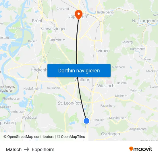 Malsch to Eppelheim map