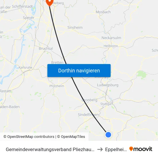 Gemeindeverwaltungsverband Pliezhausen to Eppelheim map