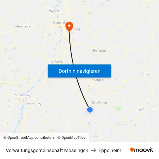 Verwaltungsgemeinschaft Mössingen to Eppelheim map