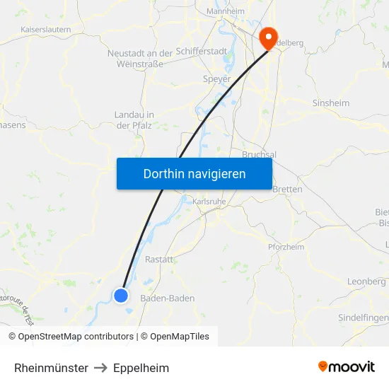 Rheinmünster to Eppelheim map