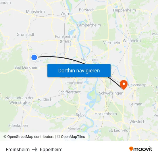 Freinsheim to Eppelheim map