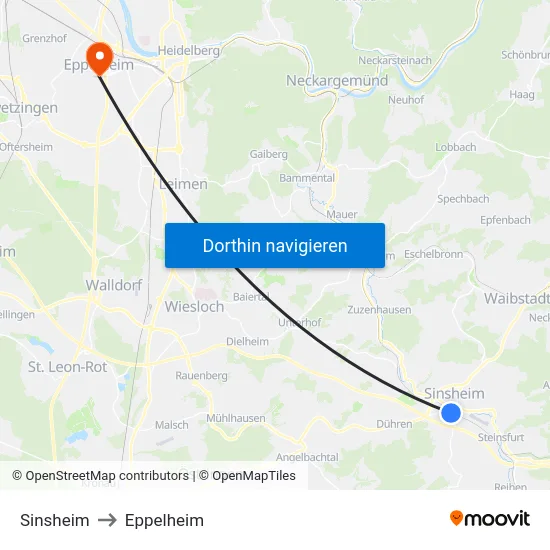 Sinsheim to Eppelheim map