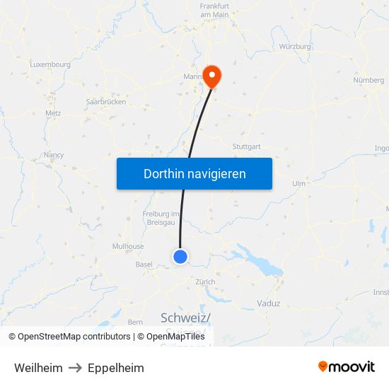Weilheim to Eppelheim map