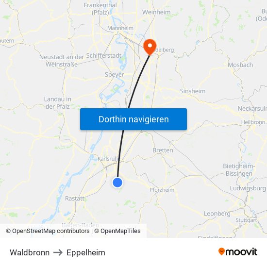 Waldbronn to Eppelheim map
