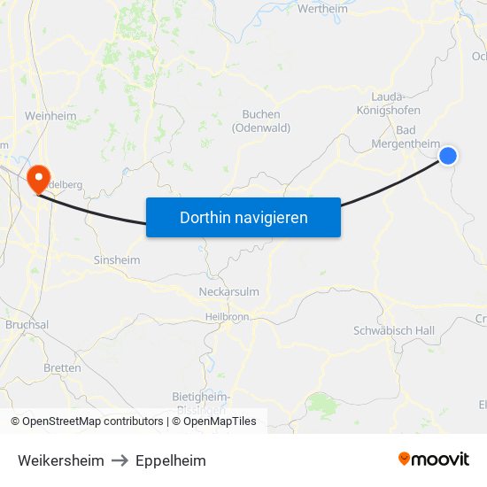 Weikersheim to Eppelheim map