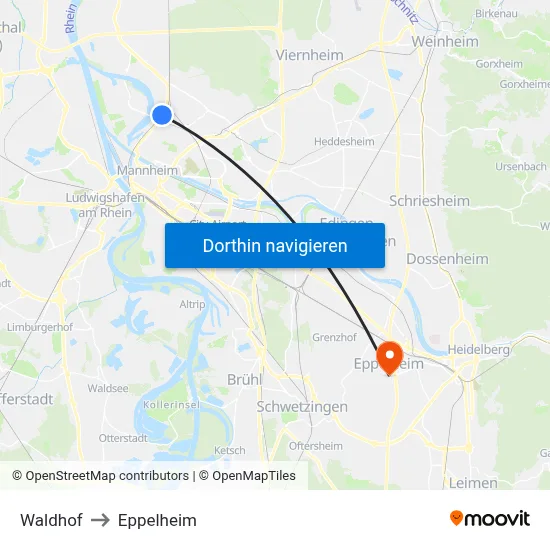 Waldhof to Eppelheim map