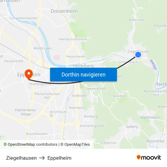 Ziegelhausen to Eppelheim map