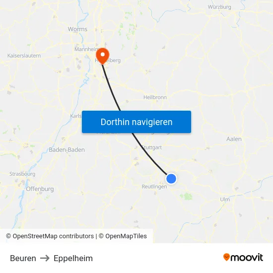 Beuren to Eppelheim map