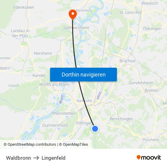 Waldbronn to Lingenfeld map