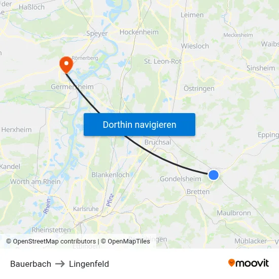 Bauerbach to Lingenfeld map