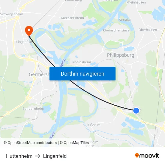 Huttenheim to Lingenfeld map