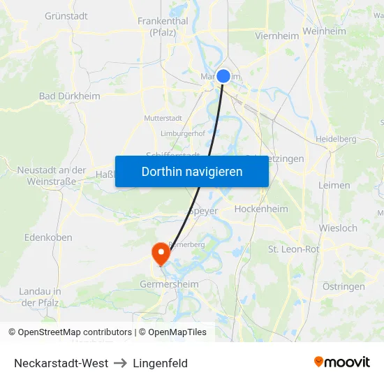 Neckarstadt-West to Lingenfeld map