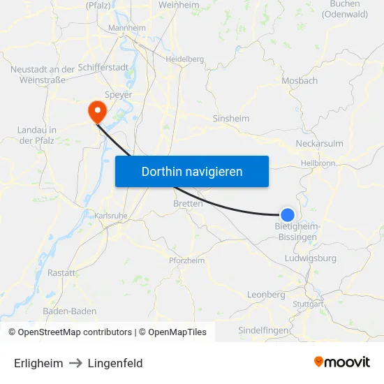 Erligheim to Lingenfeld map