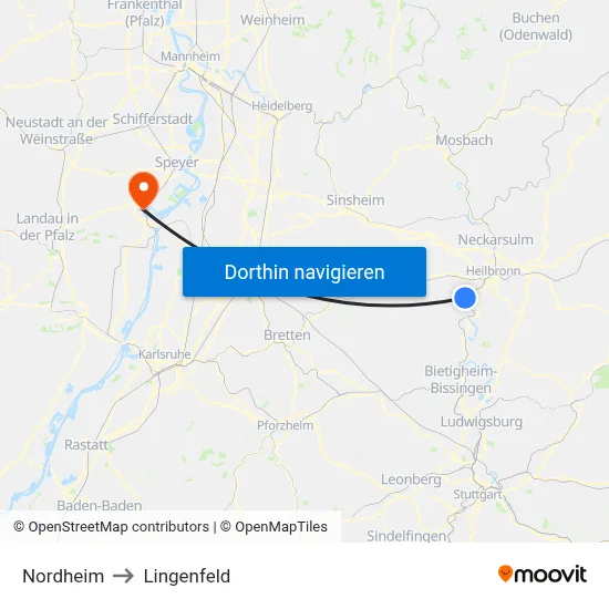 Nordheim to Lingenfeld map