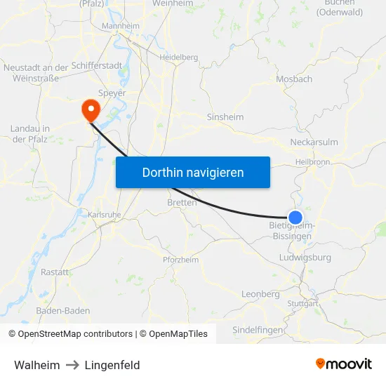 Walheim to Lingenfeld map
