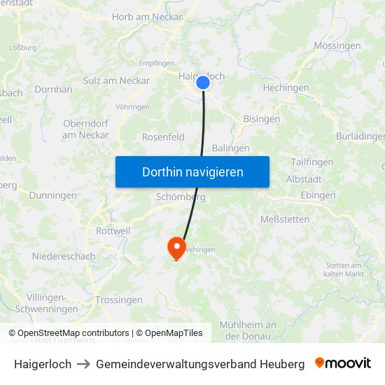Haigerloch to Gemeindeverwaltungsverband Heuberg map