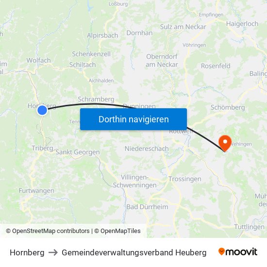 Hornberg to Gemeindeverwaltungsverband Heuberg map