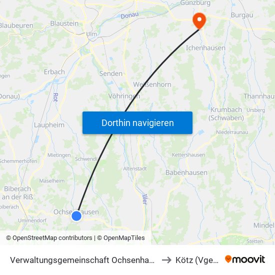 Verwaltungsgemeinschaft Ochsenhausen to Kötz (Vgem) map
