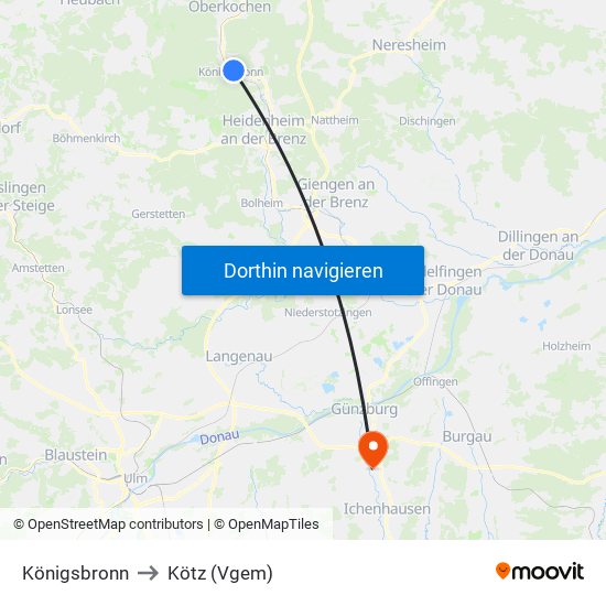 Königsbronn to Kötz (Vgem) map