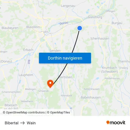 Bibertal to Wain map