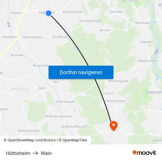 Hüttisheim to Wain map