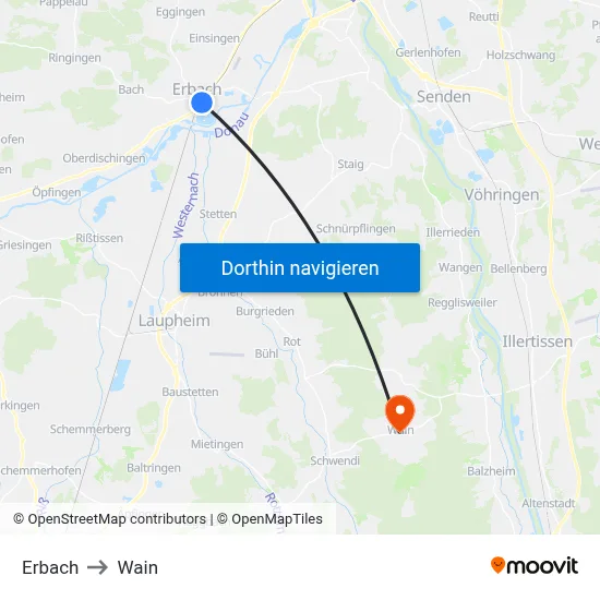 Erbach to Wain map