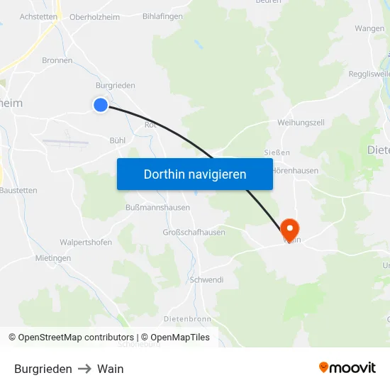 Burgrieden to Wain map