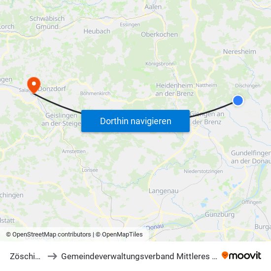Zöschingen to Gemeindeverwaltungsverband Mittleres Fils-Lautertal map