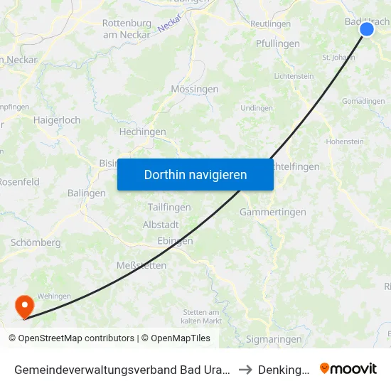 Gemeindeverwaltungsverband Bad Urach to Denkingen map