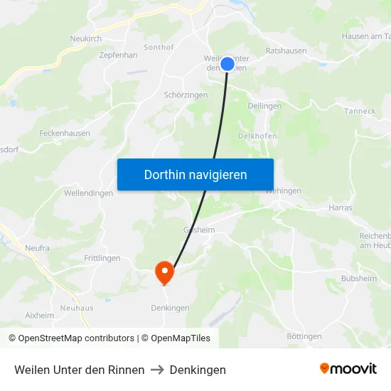 Weilen Unter den Rinnen to Denkingen map