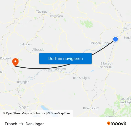 Erbach to Denkingen map