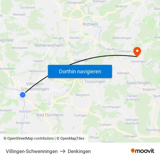 Villingen-Schwenningen to Denkingen map