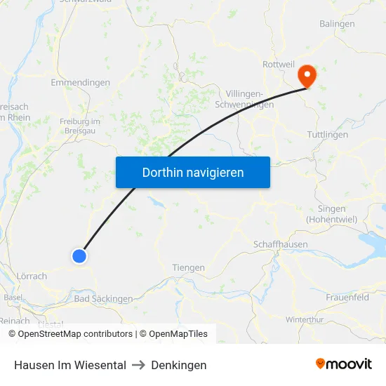 Hausen Im Wiesental to Denkingen map