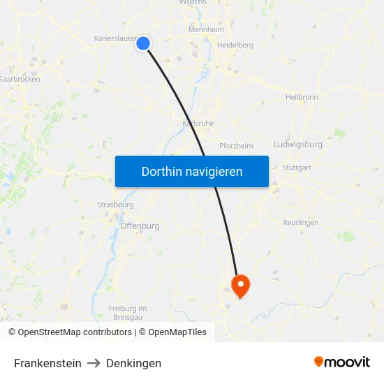 Frankenstein to Denkingen map