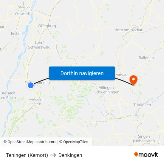 Teningen (Kernort) to Denkingen map